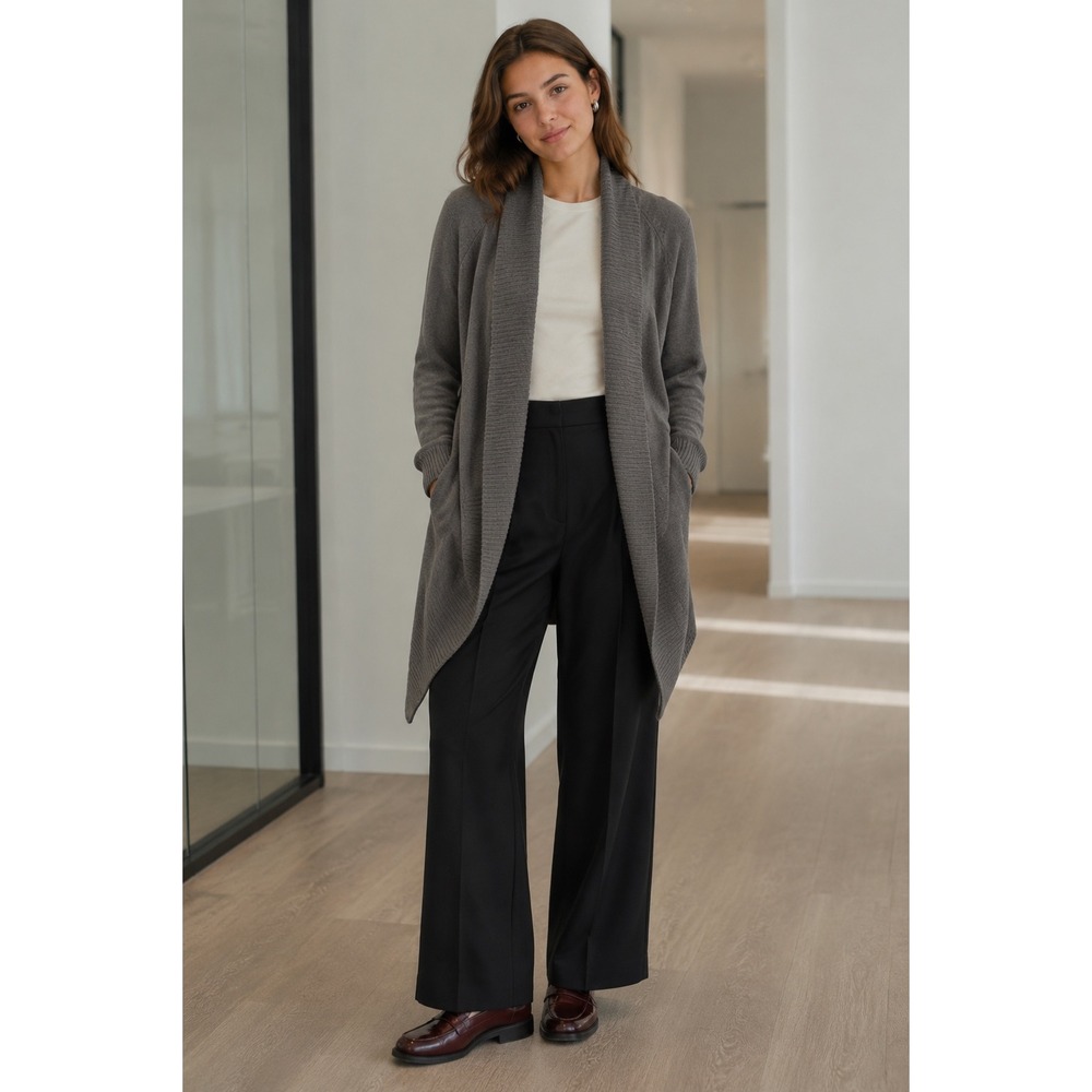 Cabi Gray Open Front Ribbed Shawl Collar Longline Cardigan Sweater Size M